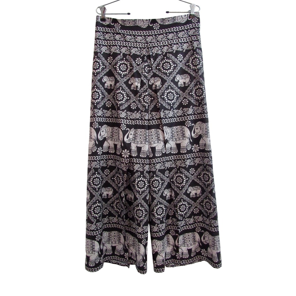 Thai Fisherman Wrap Pants L/XL Black Elephant Print Palazzo Boho